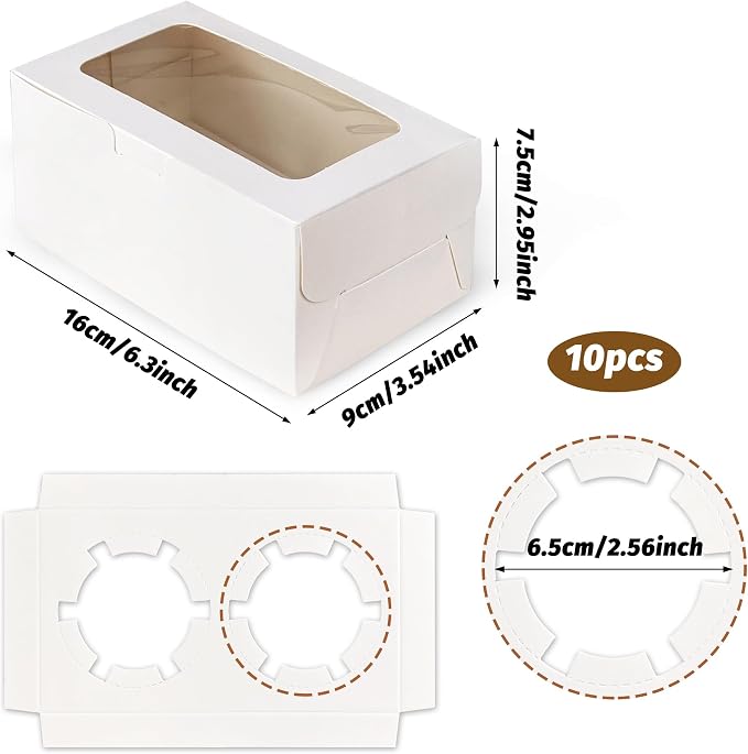 MUMULULU 10 PCS White Paper Cupcake Boxes with 2 Cavity Cookie Gift Boxes with Clear Window 2 Treat Holder Cupcake Containers Bakery Cake Box for Birthday Party Bakery Supplies