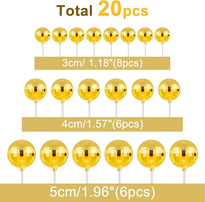 ASTARON 20 Pcs Disco Ball Cake Topper Decorations Sticks Gold Cake Balls Picks Toppers for Birthday Anniversary Disco Retired Theme Party Decorations