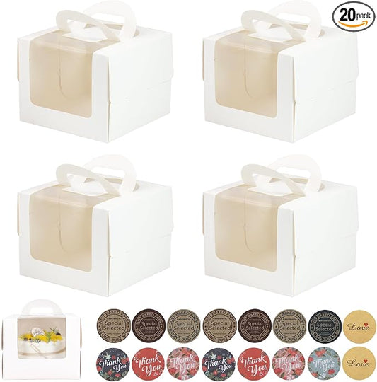20Pcs 5×5×4 Inches Mini Cake Boxes-Solid White with Carry Handles and Cake Board-Suitable for Cakes up to 4 Inch,cake container,Pastries,Bakery Treats-Perfect for Celebrations and Gifts