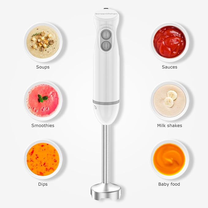 Bonsenkitchen Hand Blender, Immersion Blender with 2 Mixing Speed, Electric Portable Handheld Stick Mixer with Stainless Steel Blades for Soup, Smoothie, Puree, Baby Food, White