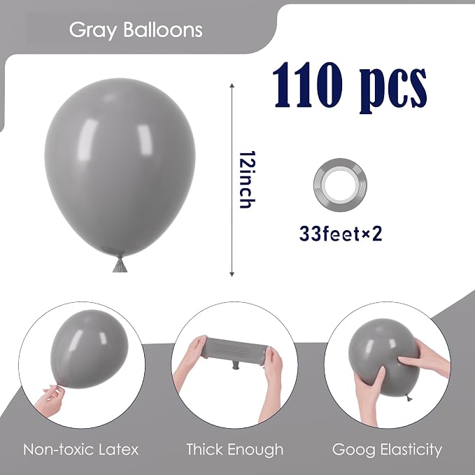 Voircoloria 110pcs Gray Balloons 12inch Grey Latex Party Balloons for Graduation, Wedding, Birthday, Gender Reveal, Baby Shower, Bridal Shower, Anniversary Party Decorations
