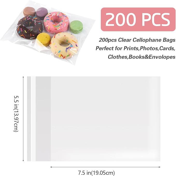Self Sealing Cellophane Bags 5-1/2'' x 7-1/2'' Clear Cellophane Cello Bags,200 pcs Cellophane Candy Bags Fit 5 X 7 Inch Cards Photos,A6 A7 Envelopes Candy,Packaging Gifts,Cookies