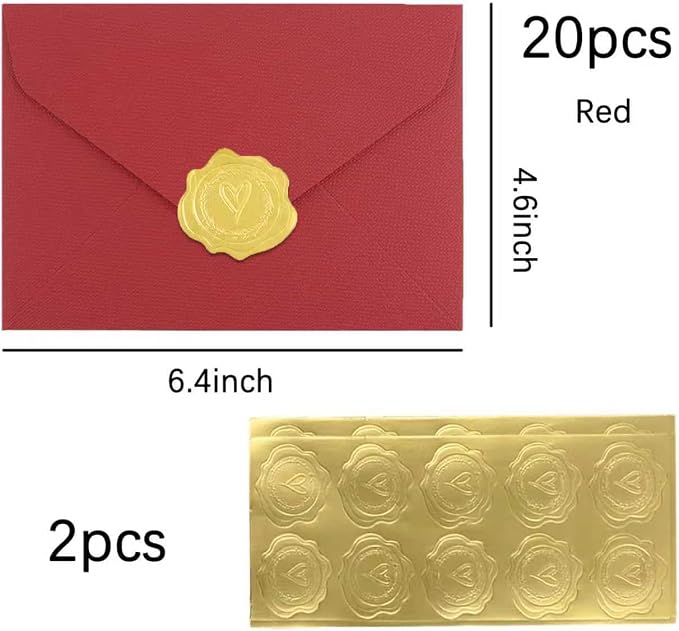20 Pack 4x6 Red Linen Envelopes with Gold Wax Seals - Handmade Look A6 Vintage Envelopes & Self-Adhesive Seal Stickers for Greeting Cards, love letter, Wedding, Party Invitation