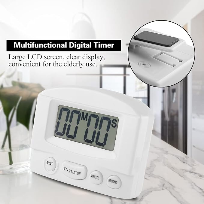 Portable Digital Clock Countdown Timer Large LCD Display Kitchen Timer for Classroom with Magnet Bracket for Refrigerator Microwave Oven White Black (White)