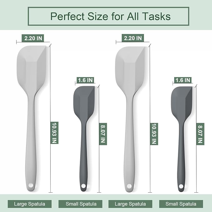 Silicone Spatula Set, Premium Spatulas Silicone Heat Resistant 2 Small & 2 Large Flexible Scraper for Nonstick Cookware, Rubber Spatula for Kitchen Mixing Baking Cooking Use, Soft Spatula - Gray