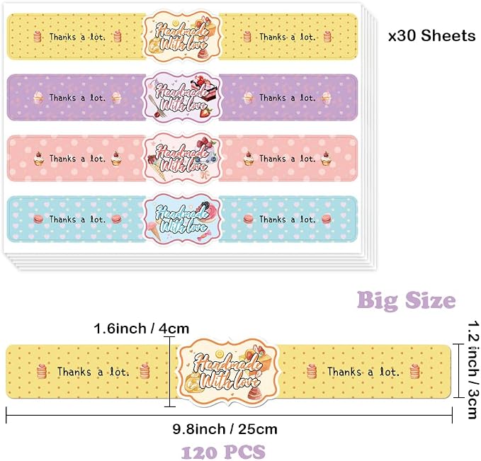 9.8 Inch Long Handmade with Love Stickers 120 Pcs Huge Thanks a Lot Self-Adhesive Sealing Baking Label Safe Secure Tamper Evident Lids Food Bakery Sticker for Baked Good Packaging (Handmade with Love)
