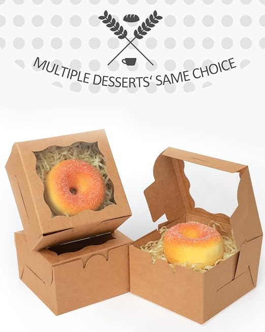 qiqee Bakery Box with Window 4*4*2.5inch/100Packs Brown Macaron Boxes Small Donut Pastry Boxes for Party Mini Cookie Boxes(5 Diferent Gift Include)