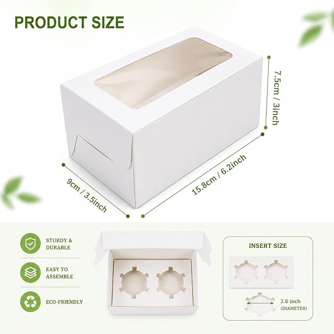 PRALB 50Pack White Paper Cupcake Boxes with Pvc Window and Two Treat Holder, Pastry and Cookie Box,Cupcake Containers Bakery Cake Box,Auto-Popup Cupcake Carriers Bakery Cake Box(6.3x3.5x3inch)