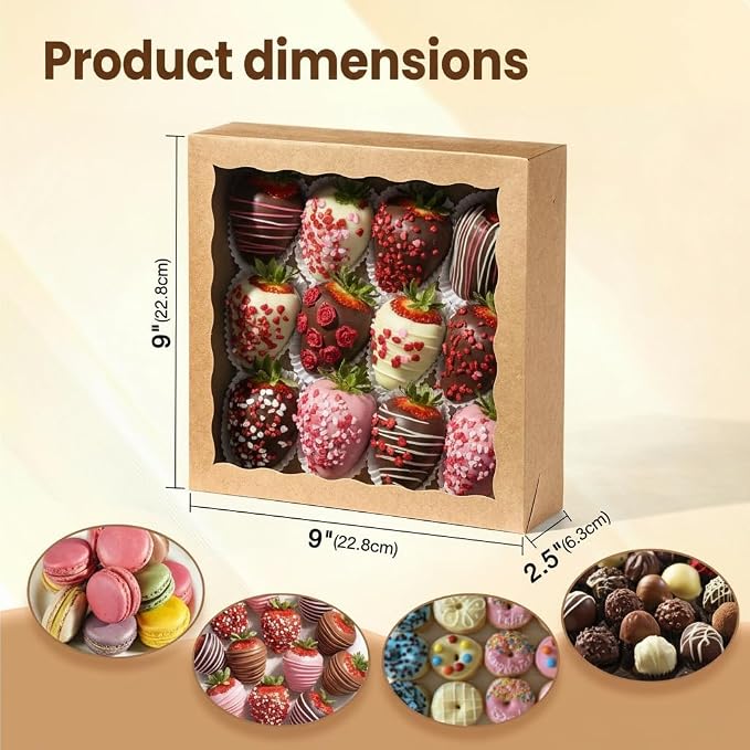 25PCS 9x9x2.5 Inches Brown Bakery Boxes with Window, Pastry Box for Chocolate Strawberries, Macarons, Truffles, Perfect for Thanksgiving Day, Mother's Day, Christmas Party Favors & Holiday