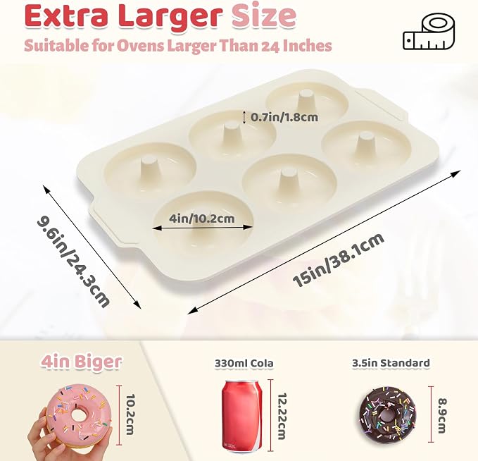 Nonstick Silicone Donut Pan: 4 Inch Large Donut Mold with Metal Frame - Bagel Doughnut Pan for Baking Gluten Free Glazed Vegan - for Oven Housewife Home Baker Baking Lovers (Pink & Beige)