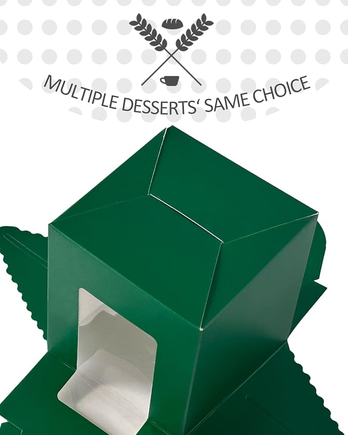 qiqee Cupcake Boxes Green Individual Cupcake Holders Disposable 50pcs Single Cupcake Boxes with Window 3.7" 3.7"*4.5" Cupcake Containers