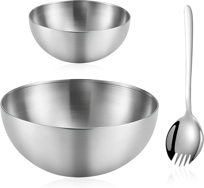 Mixing Bowls, 2 PCS Salad Bowls Set, Stainless Steel Metal Nesting Bowls with Salad Fork, 6 & 8 Inch Fruit Bowls for Cooking, Baking, Prepping, Dishwasher Safe Kitchen Supplies