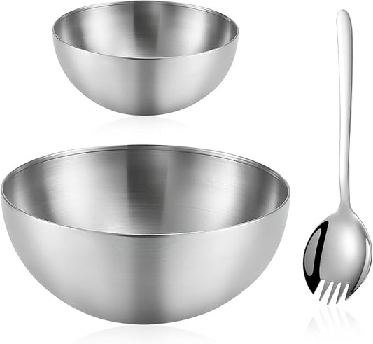 Mixing Bowls, 2 PCS Salad Bowls Set, Stainless Steel Metal Nesting Bowls with Salad Fork, 6 & 8 Inch Fruit Bowls for Cooking, Baking, Prepping, Dishwasher Safe Kitchen Supplies