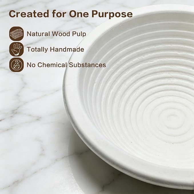 9'' Wood Pulp Large Round 1kg Groove Banneton Bread Proofing Basket, Non-Stick Sourdough Bread Baking Supplies, 2 Pack
