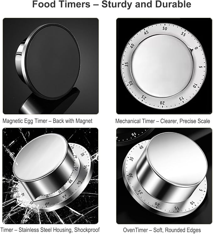 Mechanical Kitchen Timer Countdown Magnetic Stainless Steel for Egg Cooking