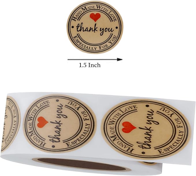 500PCS Hand Made with Love Stickers,1.5 Inch Large Round Thank You Baking Stickers Canning Bottler Labels for Baked Goods Packaging Jam, Jelly Jar,Mason Jars,Cookie Bags Supplies (Brown Handmade)