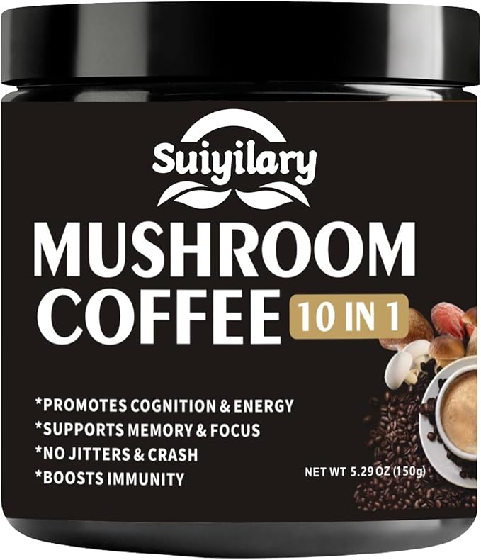 Suiyilary Mushroom Coffee, 10 Mushroom Extract Powder Blend Lion's Mane, Reishi, Chaga, Cordyceps, Turkey Tail, Brain Supplements with Instant Coffee for Energy, Focus, Memory and Immunity 150g
