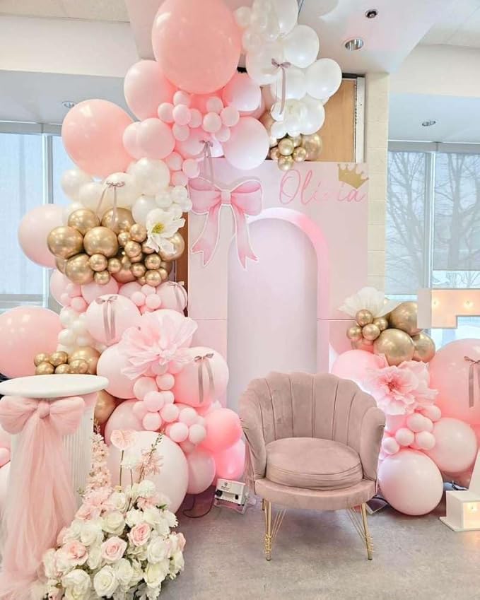 Pink and White Gold Balloon Arch Garland Kit 153pcs with Star, 22 18 12 10 5in Different Size Pink white Metallic Gold Confetti Balloons for Birthday Baby Shower Wedding Party Decorations