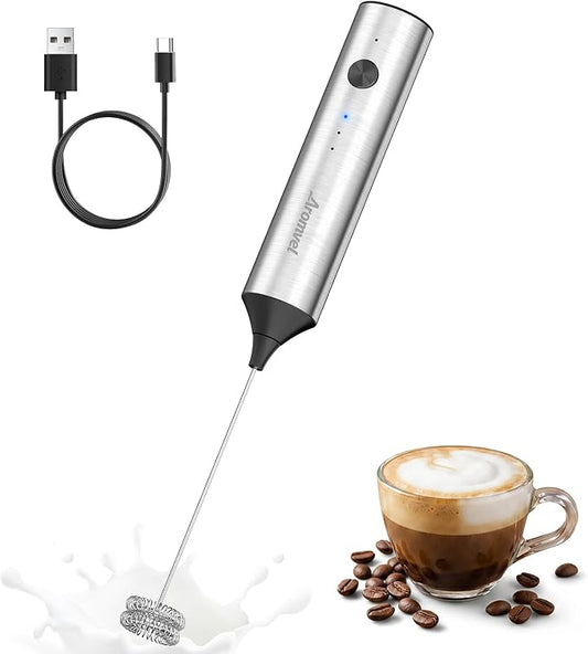 Rechargeable Milk Frother Handheld, Electric Foam Maker with Dual Spring Whisk, 3 Speeds for Coffee, Latte, Matcha, Hot Chocolate, Portable Charging USB-C Stainless Steel Hand Drink Mixer