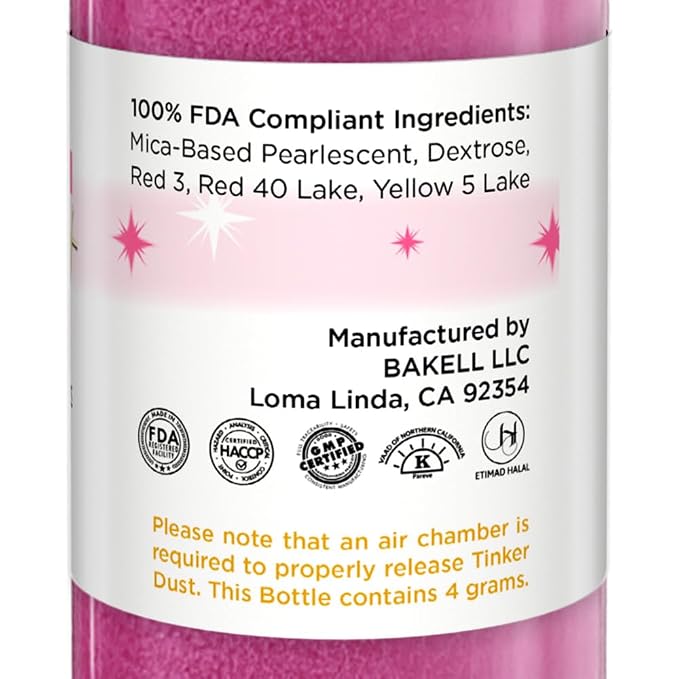 Bakell - Neon Pink Tinker Dust (4g, 1x Mini Spray Pump) Edible Glitter for Food, Desserts, and Baked goods!