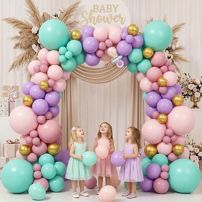 Double Stuffed Pastel Balloon Garland Pink Purple Green Colorful Balloon Arch Gold Metallic Latex Kit For Mermaid Baby Shower Princess Ice Cream Birthday Party Decoration