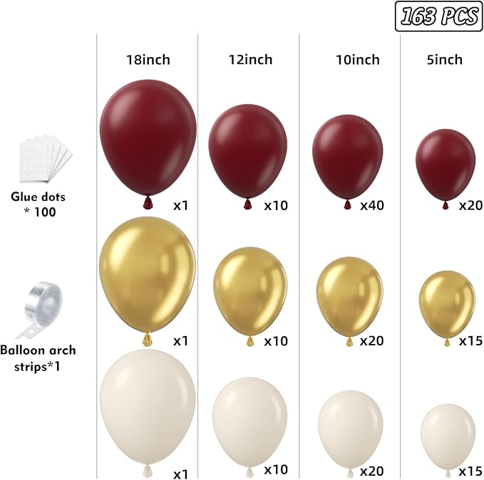 Burgundy Balloon Arch Garland Kit 163pcs, Burgundy Maroon Sand White Metallic Gold Latex Balloons Arch Kit for Birthday Graduation Maroon Wedding Valentines Day Anniversary Party Decorations