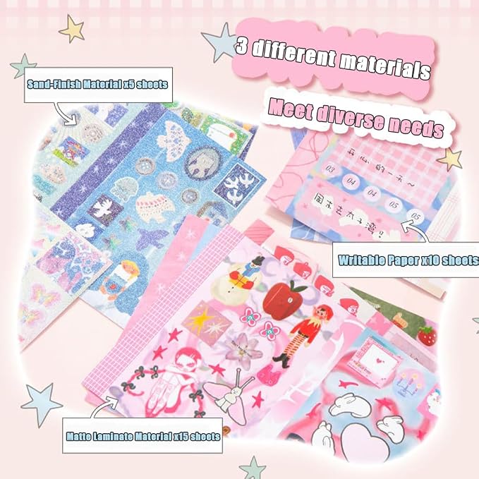 30 Sheets Cartoon Aesthetic Sticker Book - Cute Kawaii Scrapbook Stickers, Adhesive Notes & Memo Pads for Planner, Journal, Photo Album, Water Bottle DIY Crafts (Little Wishes Pink)