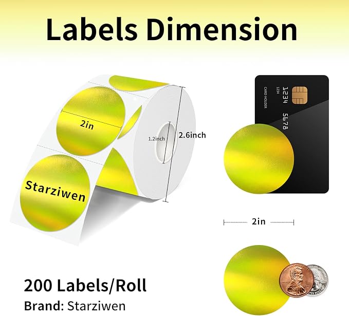 2 Inch Round Holographic Thermal Labels, Waterproof Direct Thermal Stickers, Self-Adhesive Circle Label for Small Business DIY Logo QR Code, Gold (200 Pcs/Roll)