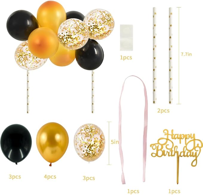 BEISHIDA Happy Birthday Cupcake Toppers - Black Gold Mini Balloon Cloud Birthday Cake Decorations for Boys Men Anniversary Party Decorations