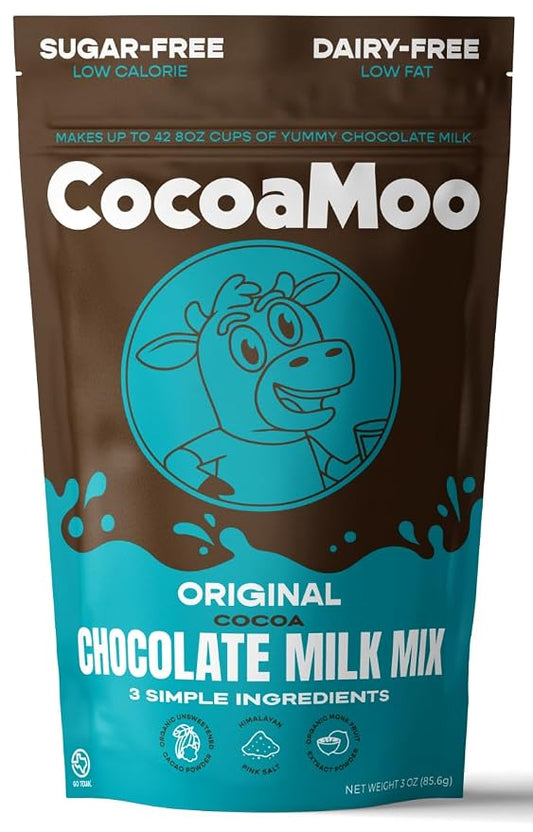 CocoaMoo Sugar-Free, Dairy-Free Original Chocolate Milk Mix, Organic Cacao Powder with Monk Fruit Extract, No Added Sugar, No Gums or Fillers, Easy to Blend Powder