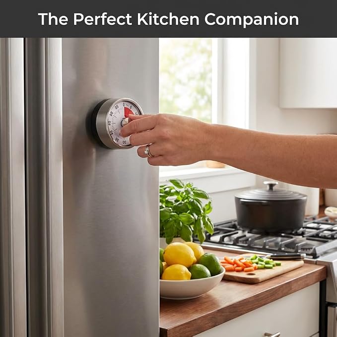 Magnetic Kitchen Timer, 60-Minute Mechanical Visual Countdown Timer, Loud Alarm & No Batteries Needed, Stainless Steel Timer for Cooking, Kids, Classroom, and Study