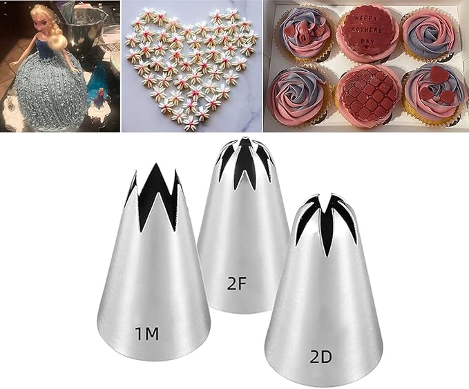 Large Icing Piping Tips, 3 Pcs, Silver, Open Star, Flower, Cake Decorating Tips Set Kit
