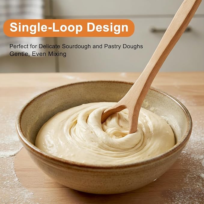 13-Inch Wooden Danish Dough Whisk with 2Pcs Scraper Set, Long Handle for Easy Mixing and Cleaning, Bread Whisking Tool for Baking Sourdough Bread, Pizza, Pastry and Cake Batters