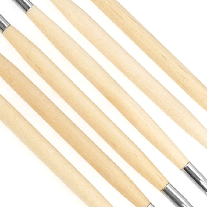 6Pcs Clay Sculpture Tools, Wooden Handle Double Ended Modeling Tools Ceramic Clay Tools Ribbon Sculpting Tool Kit for Clay, Fondant, Cake, Ceramic, Dough, Plaster, Wax