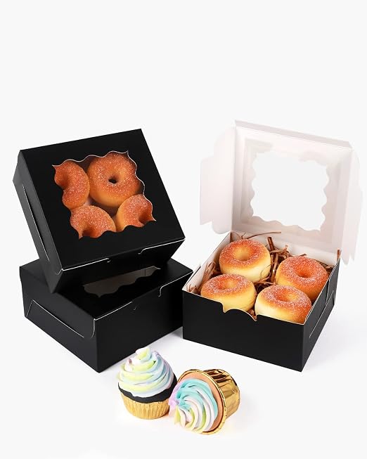 qiqee Black Cookie Boxes with Window 100packs 6x6x3 Black Bakery Box Pastry Box for Wedding Favor Birthday ＆ Party
