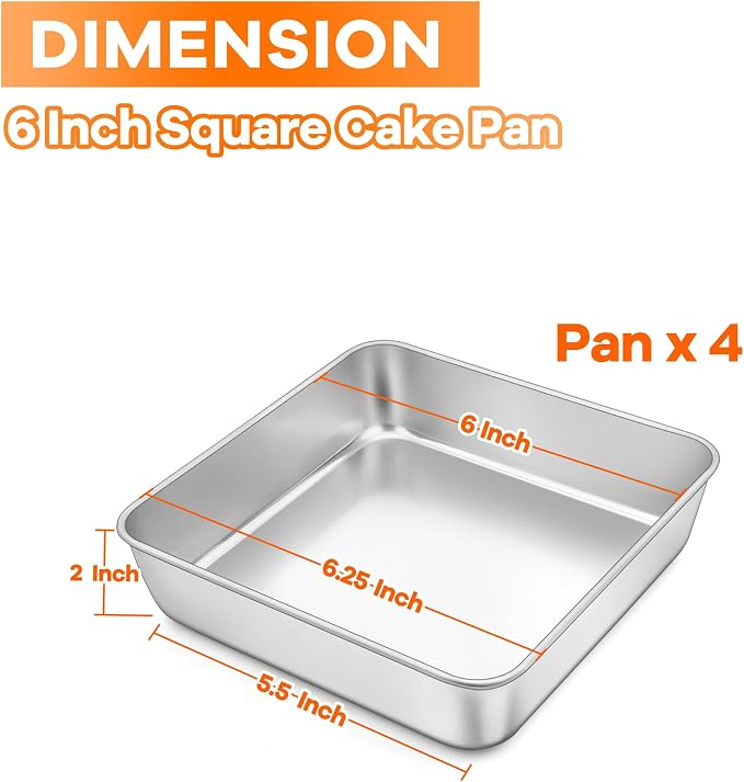 TeamFar Square Cake Pan, 6 Inch Stainless Steel Square Baking Pan for Lasagna Cake Brownie, Healthy & Heavy Duty, Dishwasher Safe & Easy Clean, Brushed Surface & Smooth Edge, Set of 4
