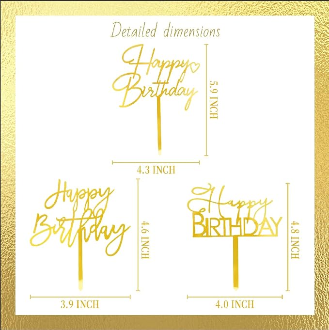 FBQ Gold Birthday Cake Topper 3 Pcs Acrylic Cake Toppe Cupcake Toppe DIY Cake Decoration Children or Adults Birthday Party Anniversary Party Decorations Supplies