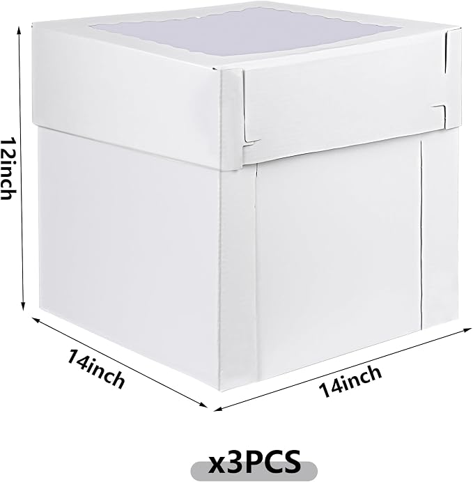 KEEPARTY 3 PCS White Tall Cake Boxes 14x14x12 inch with Window White Disposable Baking Box Container Wedding Cake Carrier