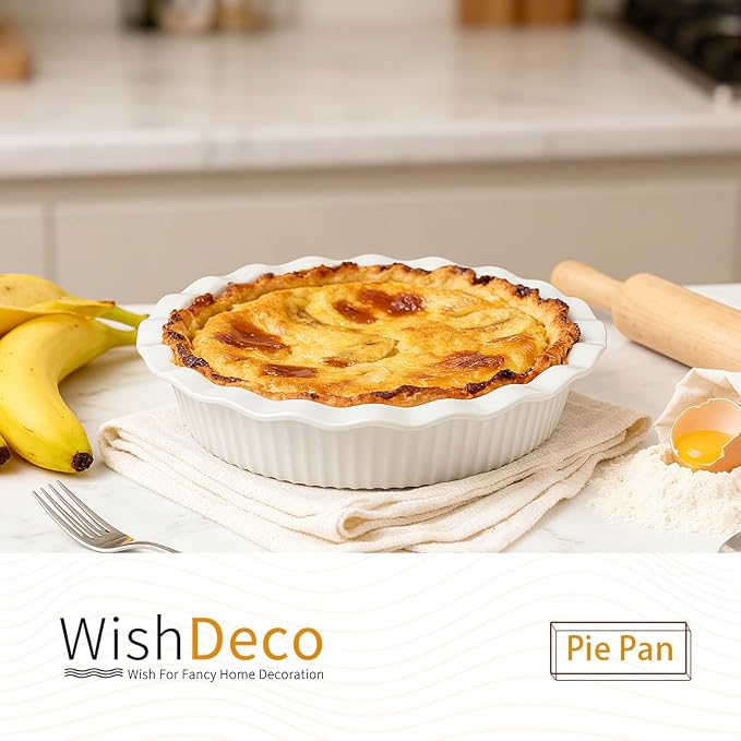 WishDeco Ceramic Pie Pan for Baking 23 cm / 9 inch, Deep Round Pie Dish 1500 ml / 50 oz, Pie Plate with Fluted Rim, Porcelain Baking Dish for Apple Pie, Quiche, Tart, Cake Oven & Microwave Safe