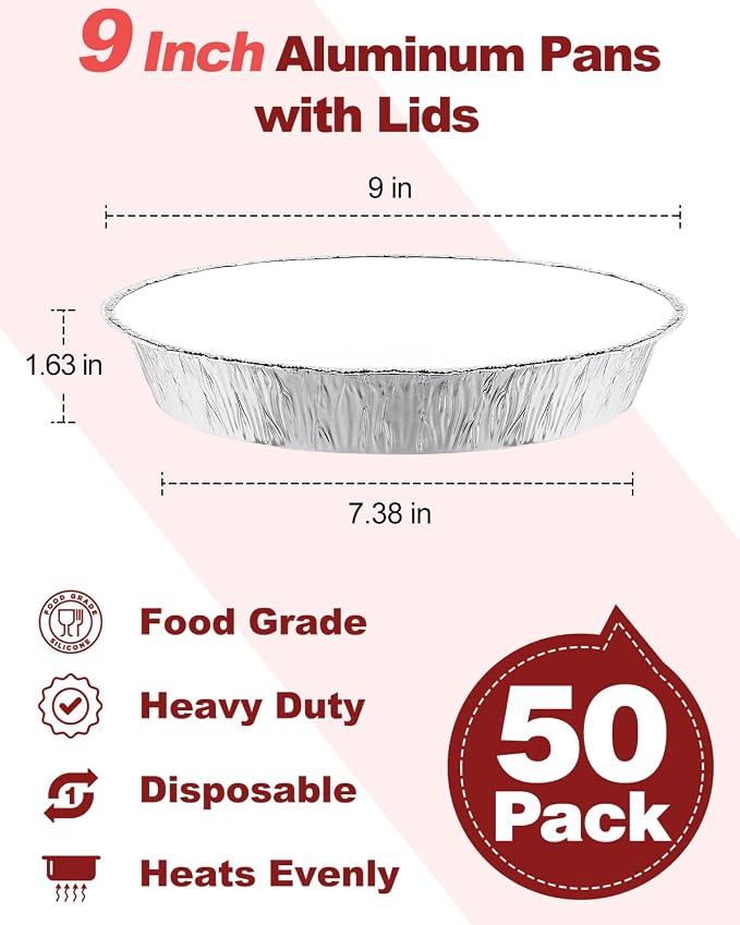 50 Pack 9 Inch Round Aluminum Pans with White Cardboard Lids - Disposable Tin Foil Pans, Food Containers for Cake Baking, Cooking, Reheating, Roasting, Storage