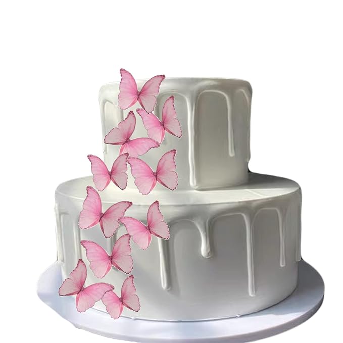 Weraru 48Pcs Edible Wafer Paper Butterflies Cupcake Topper Pink Cake Decorations