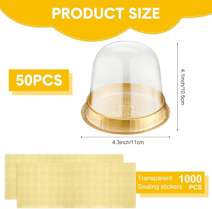 Mimorou Individual Cupcake Boxes Clear Plastic Cupcake Containers Disposable Single Holder with Lid Tall Cake Carrier 5.3 Inch Diameter 4.3 Inch Height with Stickers for Wedding(Gold,50pcs)