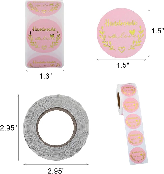 Yoption 1.5 Inch Round Handmade with Love Stickers Pink for Packaging, Cookie Bags, Small Shop Local Handmade, 500 Labels per Roll