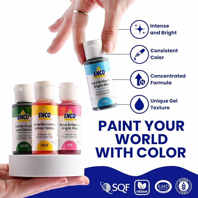 ENCO 9 Basic Food Coloring Gel Set 1.41 oz each (40 g) Concentrated, Vegan, Includes Color Mixing Guide