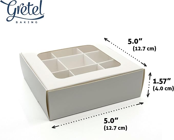 Treat Boxes - 20 ct 5 x 5 x 1.57 in Bakery Boxes with Windows and Dividers for Candy, Cookies, Cupcakes, or Bakery Desserts - Chocolate, Treats, and Baked Goods Packaging for Gifting