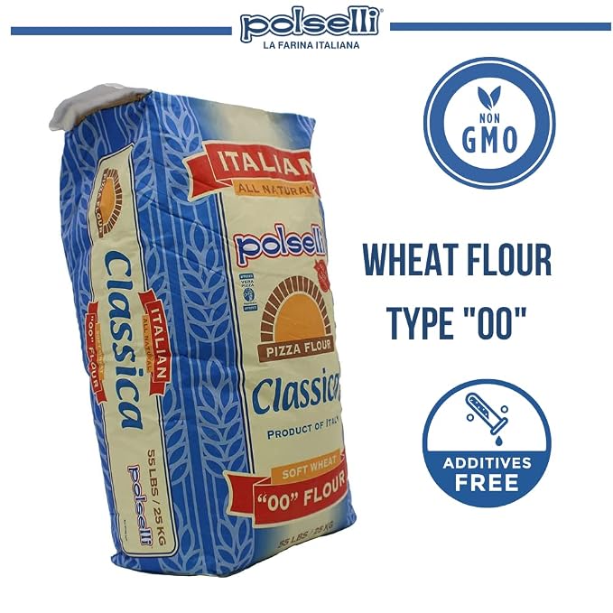 POLSELLI Classica, Tipo 00 Double Zero Flour, Soft Wheat, 25 kg (55 lbs) | All-Natural Type "00" European Flour For Pizza, Bread, Pastas, 8+ Hour Rise Dough; Unbleached, Unbromated, No Additives.