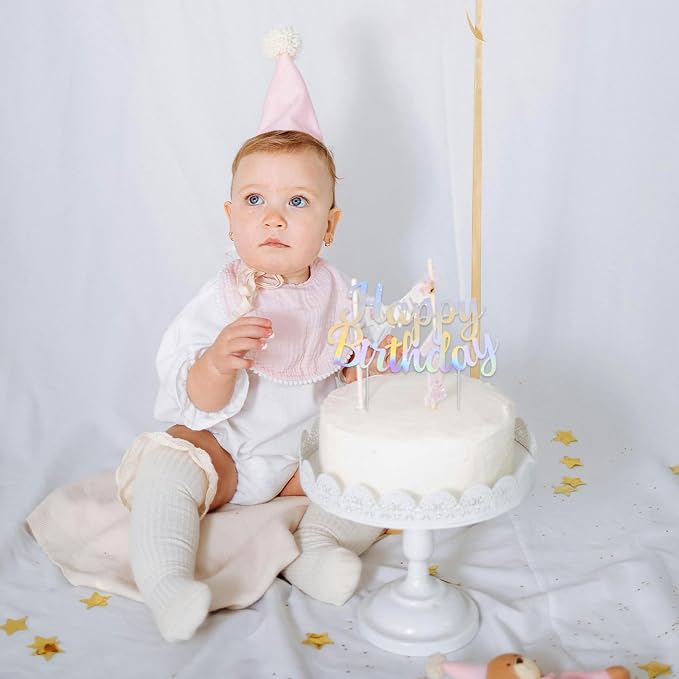 BEISHIDA Iridescent Silver Happy Birthday Cake Topper, Cake Bunting Decor, Party Decoration Supplies, Photo Booth Props