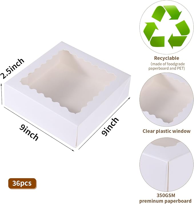 36 pcs 9x9x2.5 Inches Cake Box with Window, Bakery Pastry Cookie Boxes, Mini Pie for Pastry,Dessert,Strawberries,Chocolates (White, 9x9x2.5inch/36pcs)