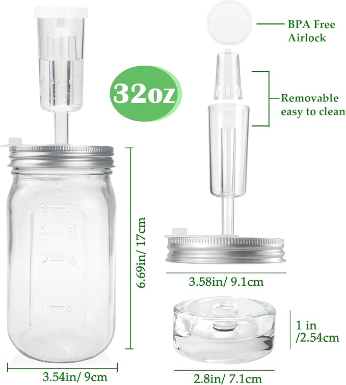 32 oz Mason Jar Fermentation Kit, 2 Pack Fermentation Jars, Fermentation Lids, Fermenting Weights and Airlocks, Complete Fermenting Kit for Making and Storing Sauerkraut（Pack of 2）