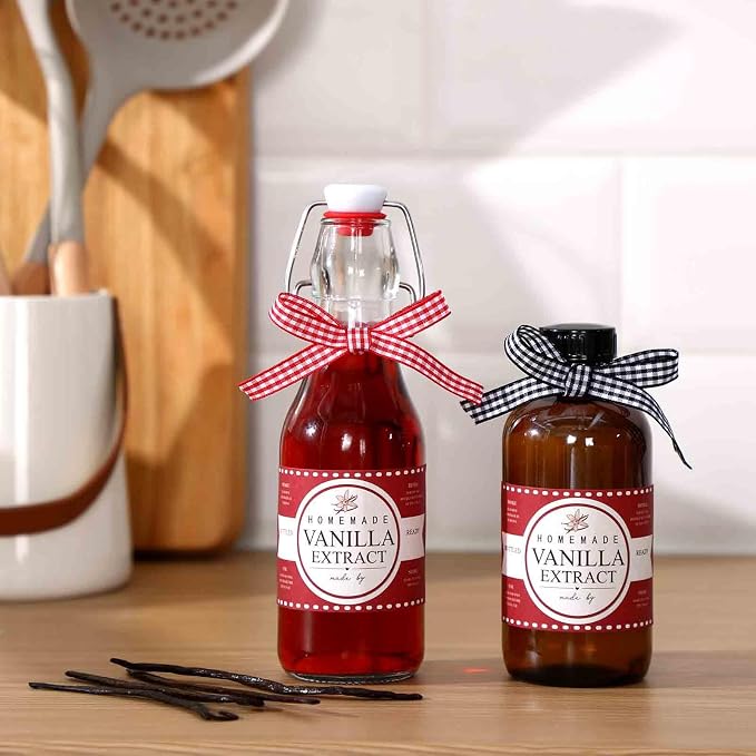 Fulmoon 24 Pcs Vanilla Extract Labels Homemade Vanilla Extract Stickers Bottle Labels with Ribbon Gift Stickers for 4oz, 8oz Handcrafted Bottles Wedding Gifts(Classic)